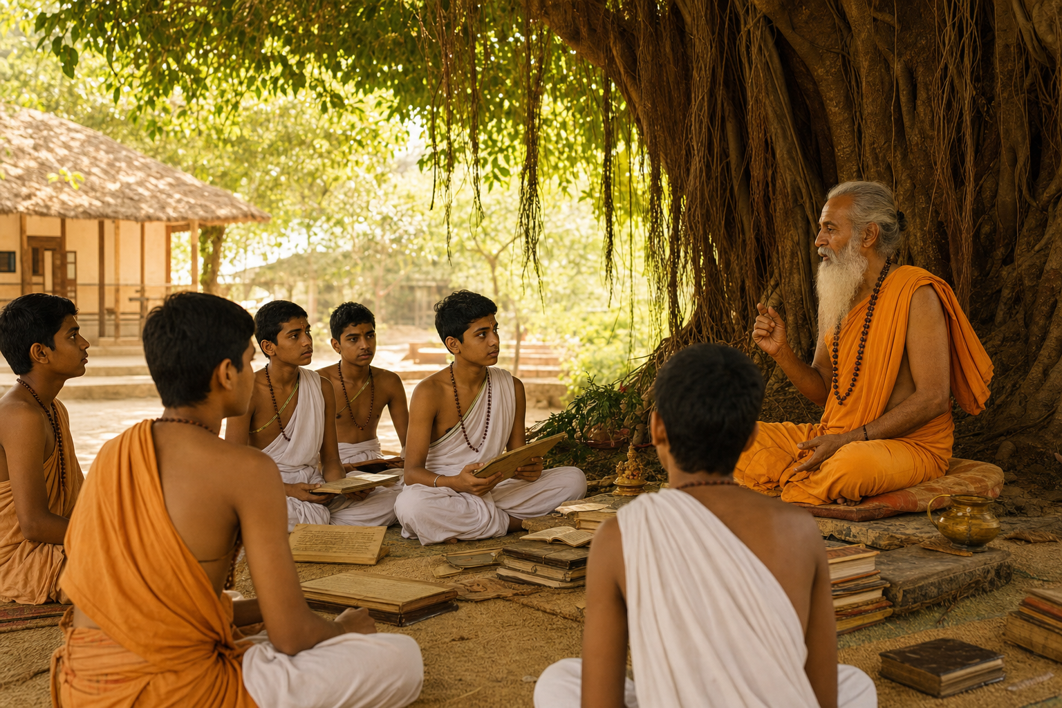 Students seated before a teacher under a banyan tree in a traditional gurukulam learning setting