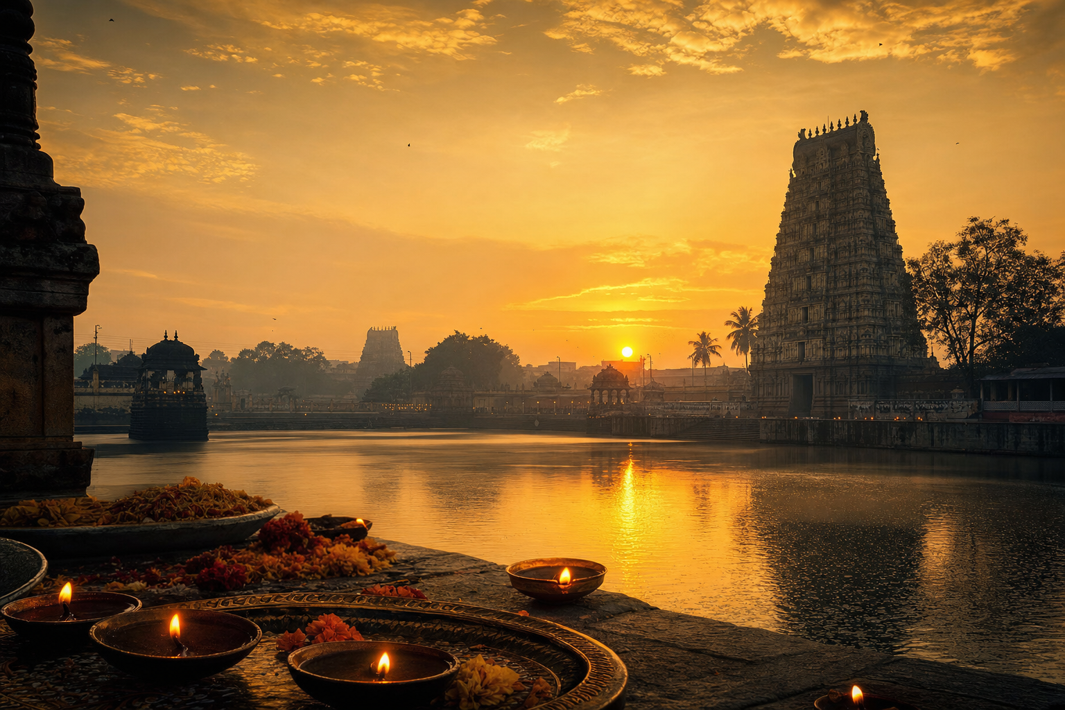 A South Indian temple gopuram at golden dawn reflected in a sacred water tank, with oil lamps glowing in the foreground