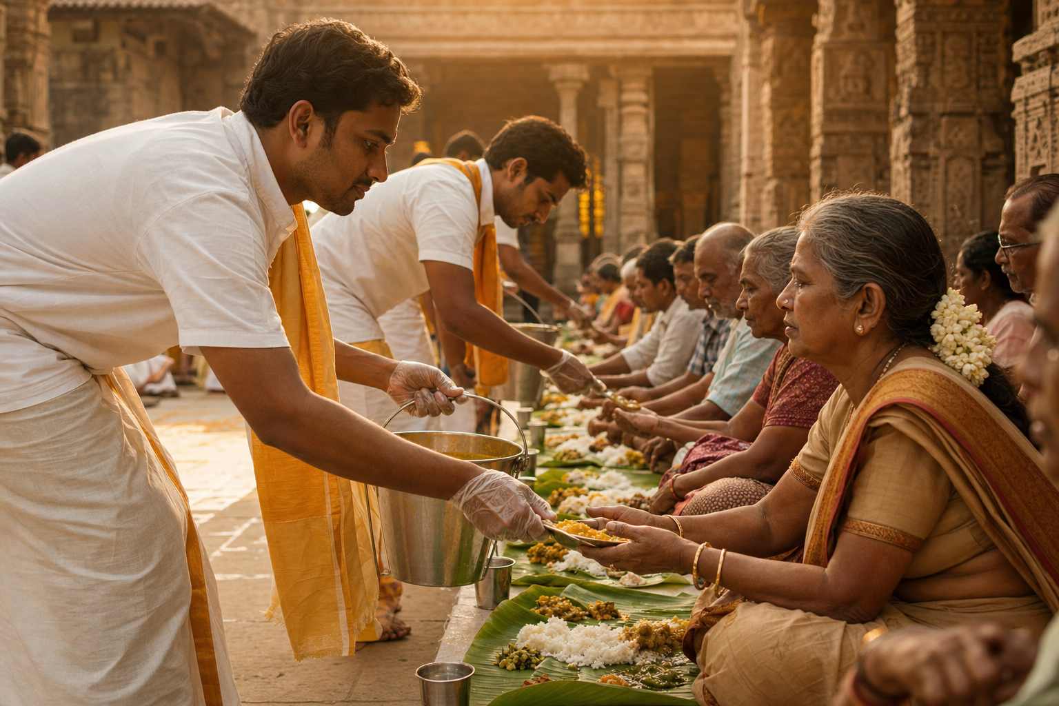 Volunteers serving warm vegetarian meals on banana leaves during annadhanam at a temple